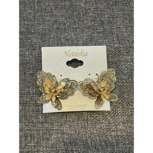 Natasha New Rhinestone Butterfly Gold Tone Pierced Earrings Natasha